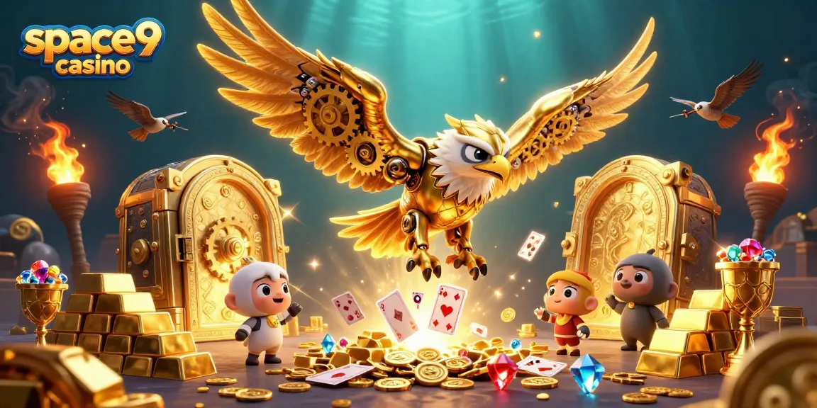 Engage in exciting gameplay at space9 casino, featuring a cybernetic eagle with playing cards and treasures.