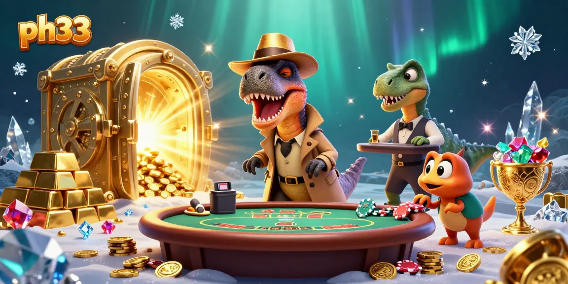 Engage with thrilling ph33 casino games as a velociraptor tries to count cards at blackjack.