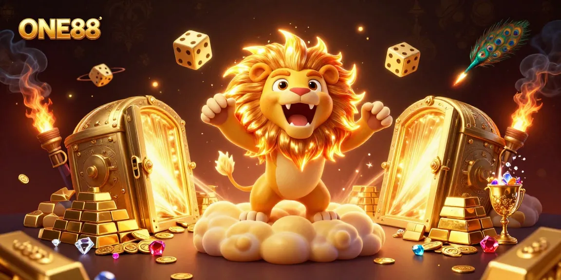 Engage with ONE88's thrilling casino experience featuring vibrant characters and dynamic gold elements.
