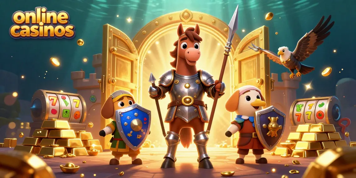 Engage in thrilling online casinos with a knight, puppy, and falcon amidst vibrant gaming elements.