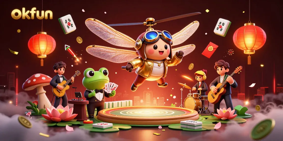 Experience exciting gaming action at okfun with a dragonfly pilot, frog dealer, and jazz musicians.