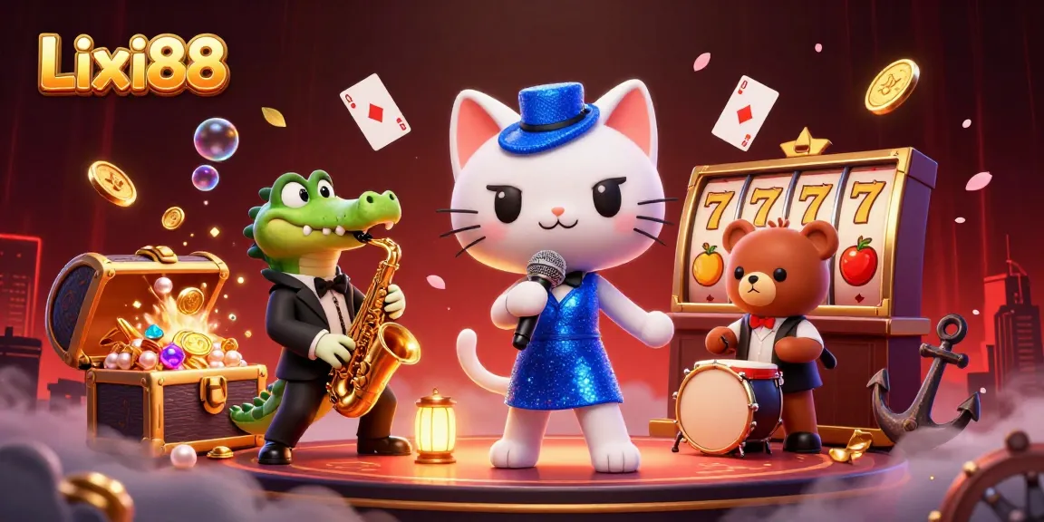Experience thrilling games at Lixi88 with vibrant slots, floating cards, and lively characters.