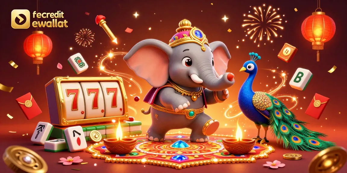 Engage with free credit ewallet in a vibrant 3D casino scene filled with rich gambling elements and festive imagery.