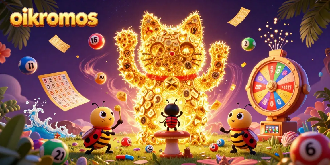 Experience the magic of oikonomos with colorful symbols and a lucky cat in a vibrant casino scene.
