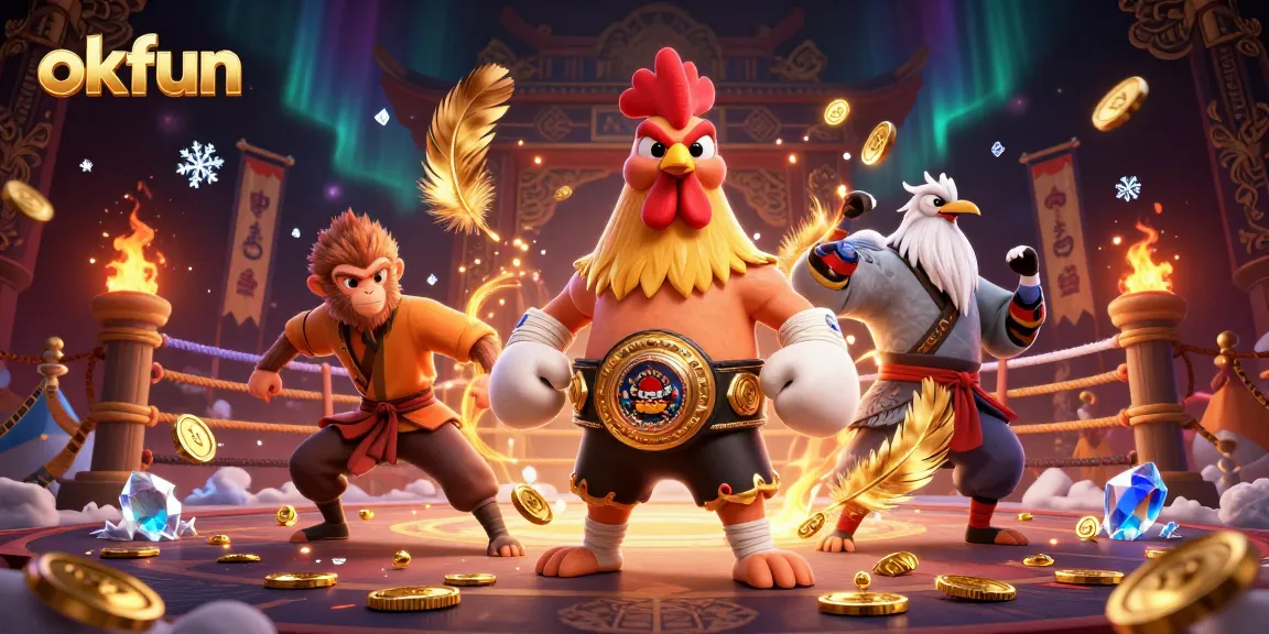 okfun brings excitement with a Muay Thai rooster, Shaolin monkey, and wise crane in an epic casino arena.