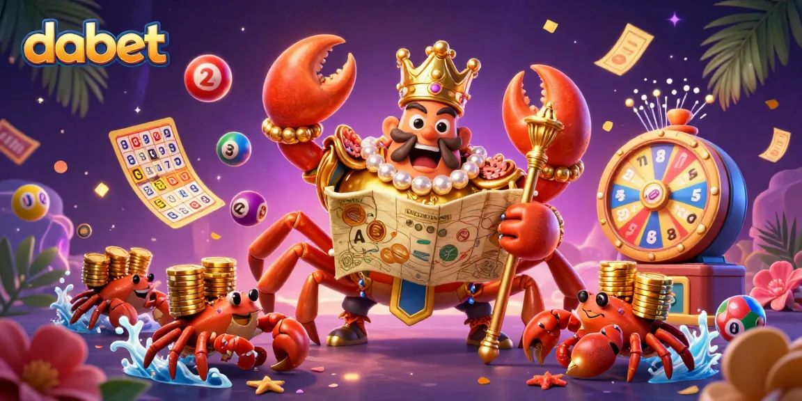 Dabet lottery scene features a golden crab emperor amidst colorful bouncing balls and dynamic gaming elements.