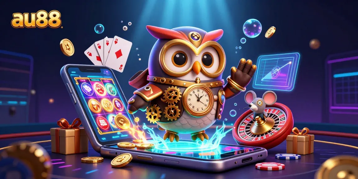 Experience the thrilling world of au88 with a vibrant 3D casino scene featuring unique slot games and fun characters.