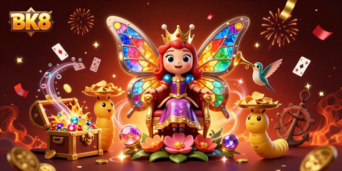 Experience BK8's thrilling entertainment with a butterfly queen amidst vibrant casino elements in this captivating scene.