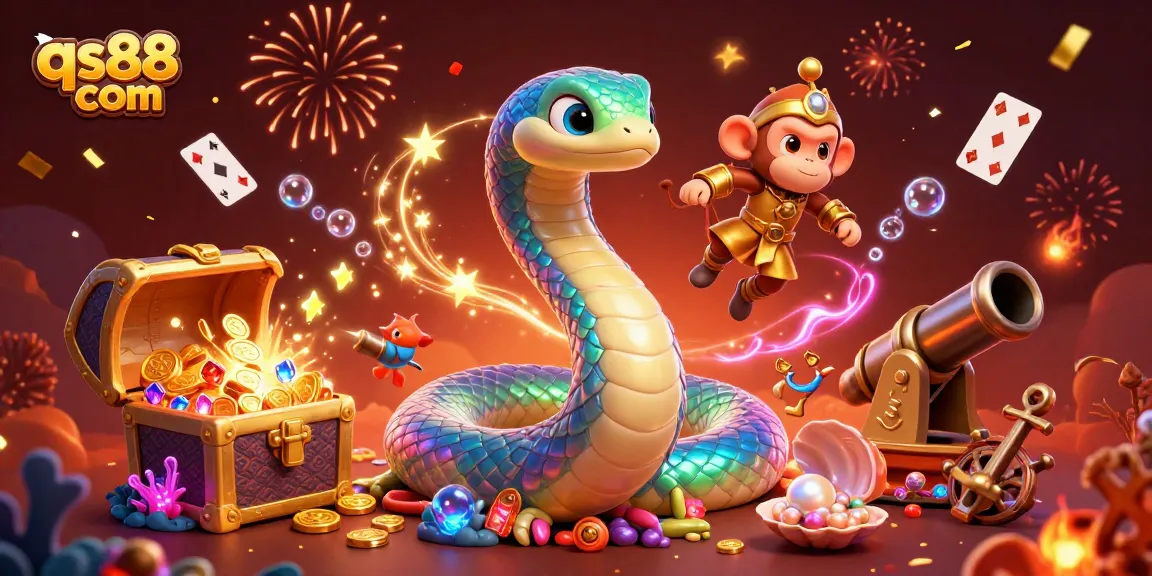 Engage with excitement at qs88 com, featuring a playful monkey king and a rainbow serpent in a dynamic casino scene.