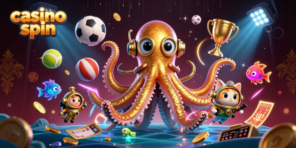 Casino spin immersive scene with a kraken, diving cat, and dynamic sports elements.