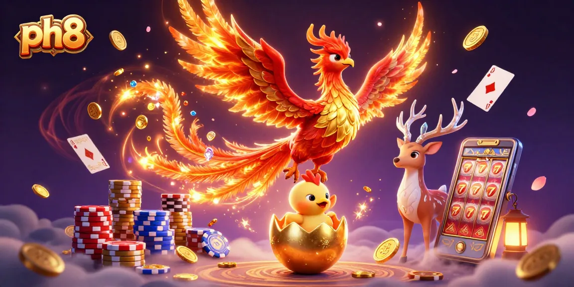Win big at ph8 with an epic 3D casino scene featuring a phoenix and vibrant gaming elements.