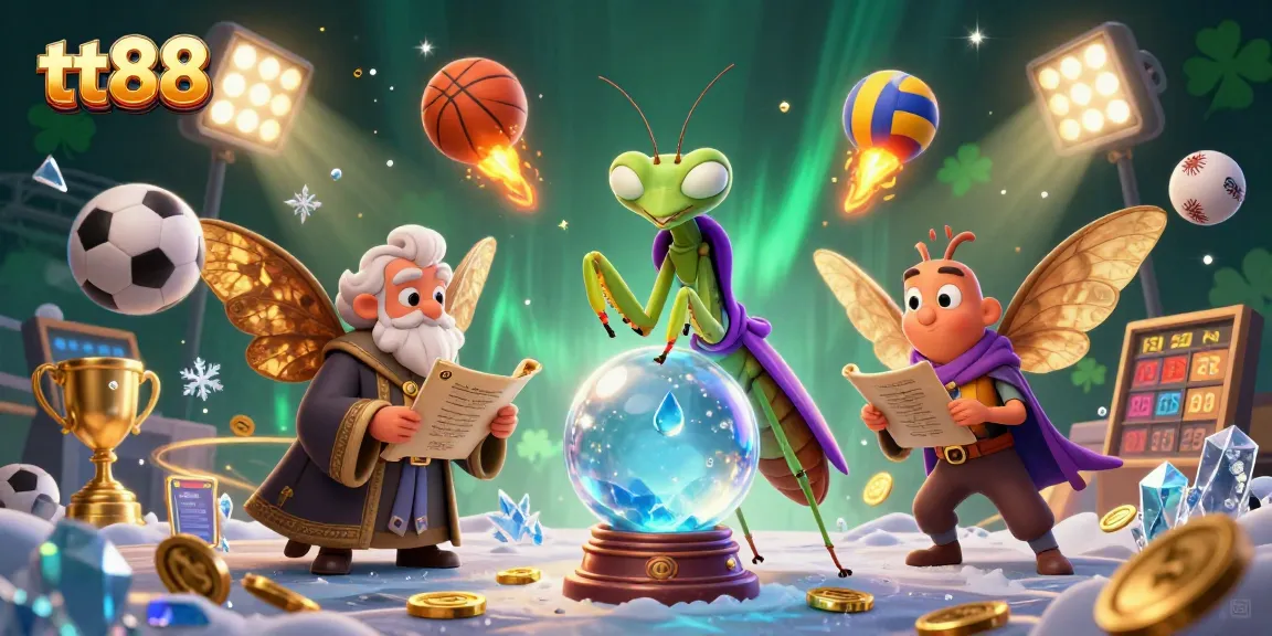 Bet on exciting games with tt88, featuring a mystical fortune teller and dynamic sports elements.