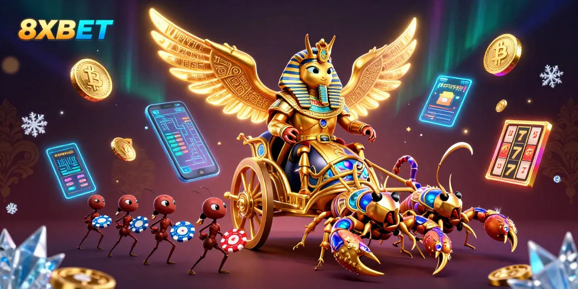 Engage with 8XBET's electrifying casino experience capturing a dynamic 3D scene of golden scarab, slot machines, and vibrant coins.