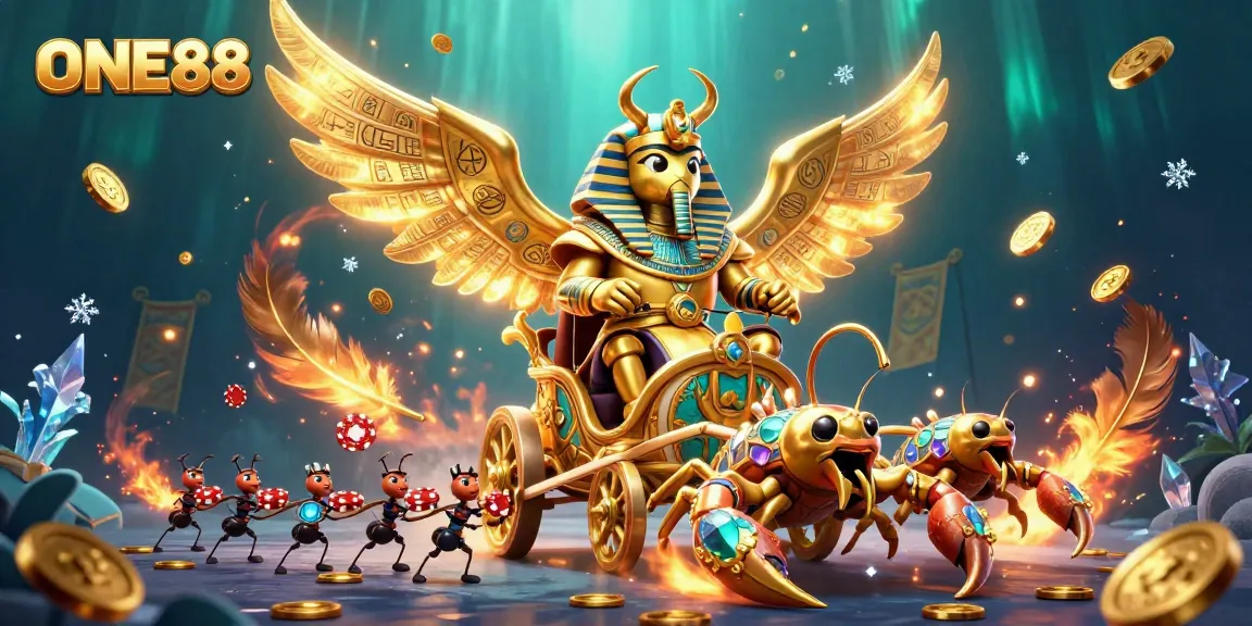 ONE88 casino features a colossal golden scarab beetle leading a chariot in an adventurous betting scene.