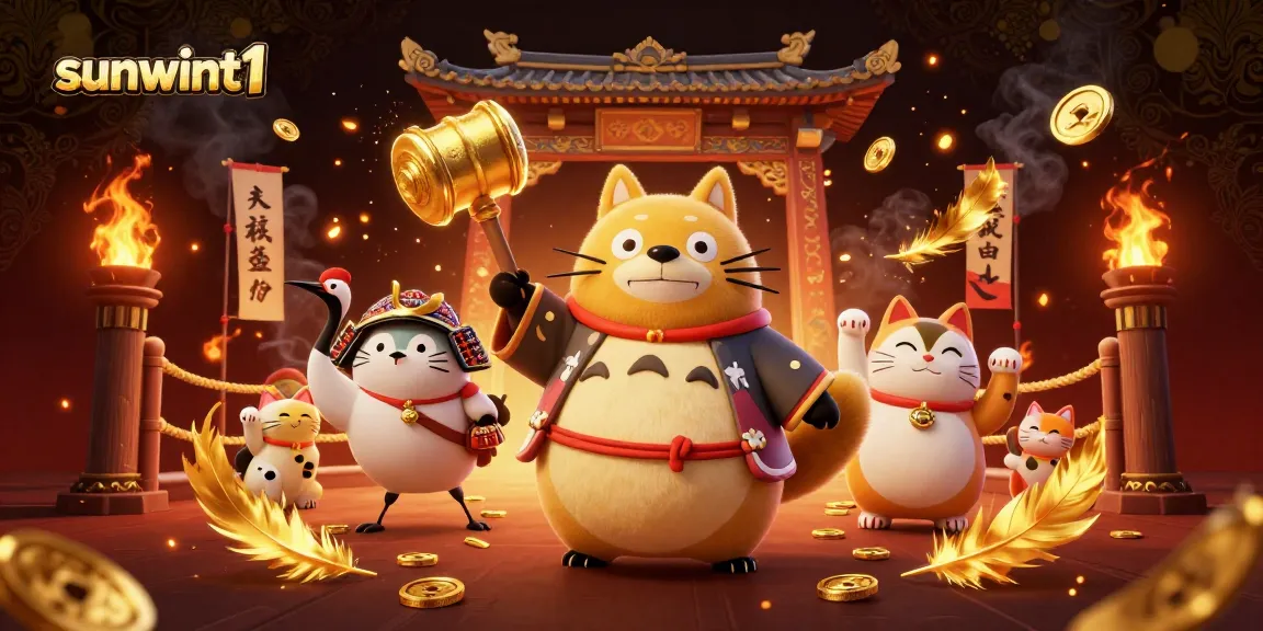 Experience thrilling wins at sunwint1 amidst joyful tanuki and fortune cats in a vibrant casino atmosphere.