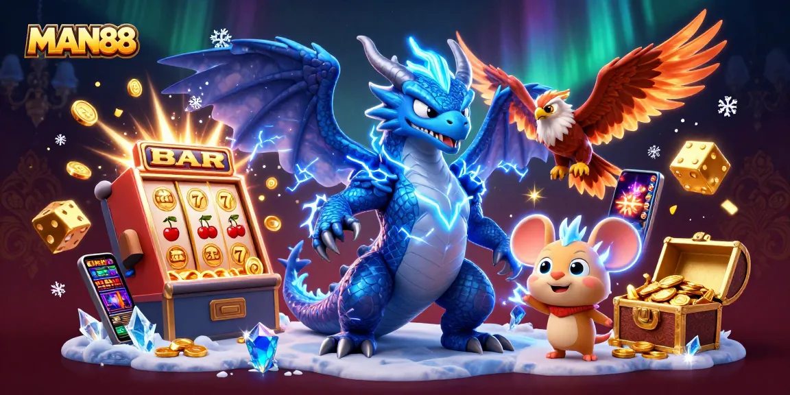 Experience electrifying gameplay at MAN88 with our dynamic casino illustration featuring jackpots and vibrant characters.
