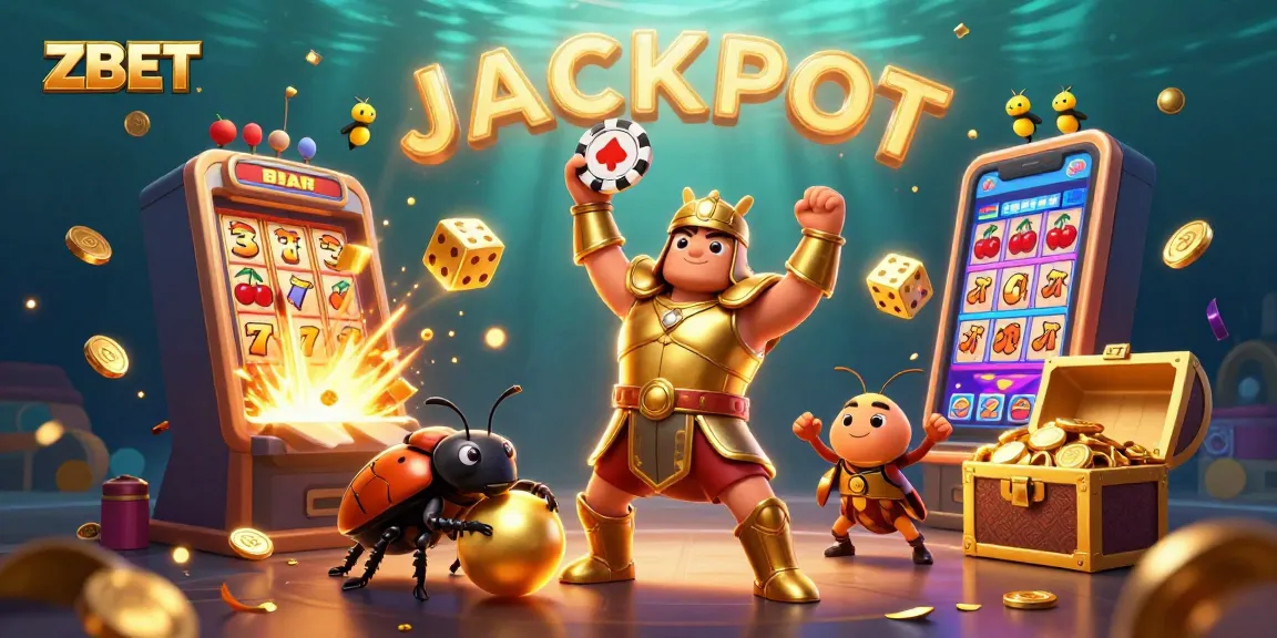 ZBET showcases a vibrant casino scene with winning characters celebrating a jackpot victory.