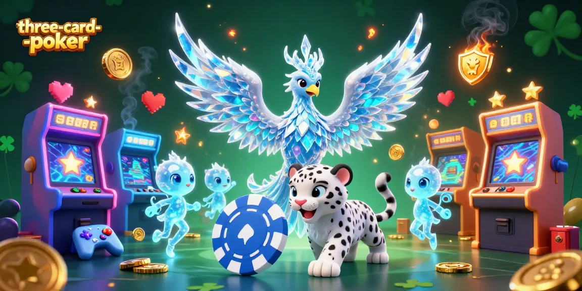 Engage in thrilling three-card-poker action with a vibrant scene featuring a playful snow leopard cub and dynamic ice creatures.