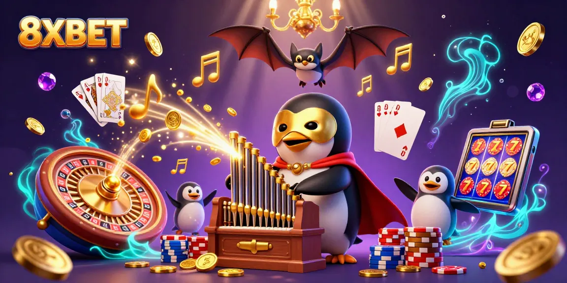 8XBET penguin plays a melodious organ spewing golden coins in a vibrant casino scene.