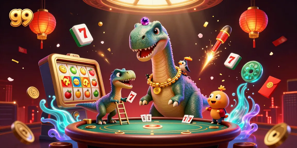 Experience the thrill of go 99 as the giant brontosaurus oversees an exciting casino game scene.