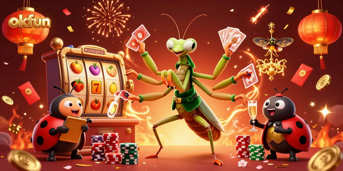 Engage with okfun's vibrant slot gaming scene featuring a giant mantis card sharp and ladybug pit boss.