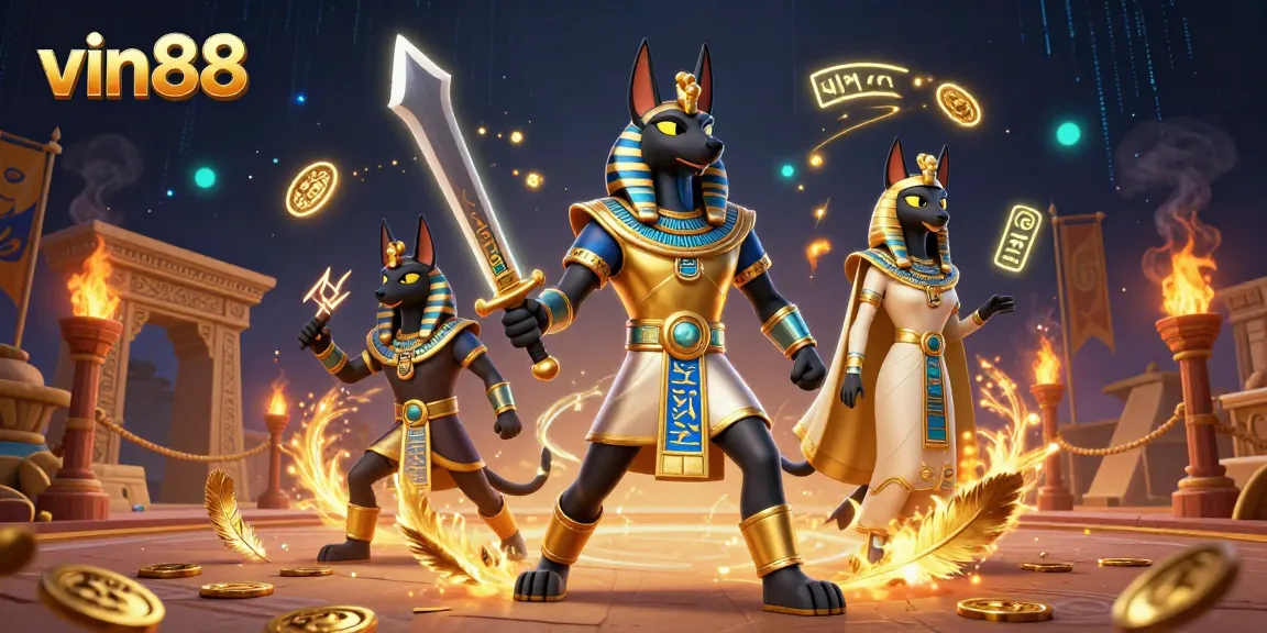 Experience vin88 excitement with Anubis and Bastet in a vibrant casino battle scene.