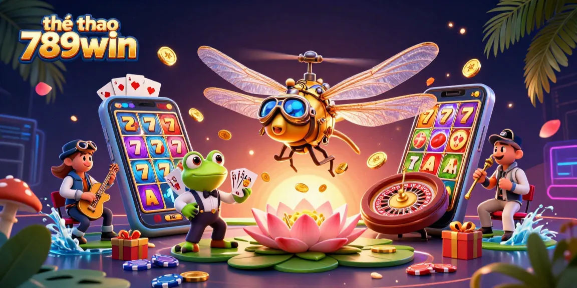 Experience the vibrant world of thể thao 789win with a lively casino scene featuring a dragonfly pilot and frog croupier.