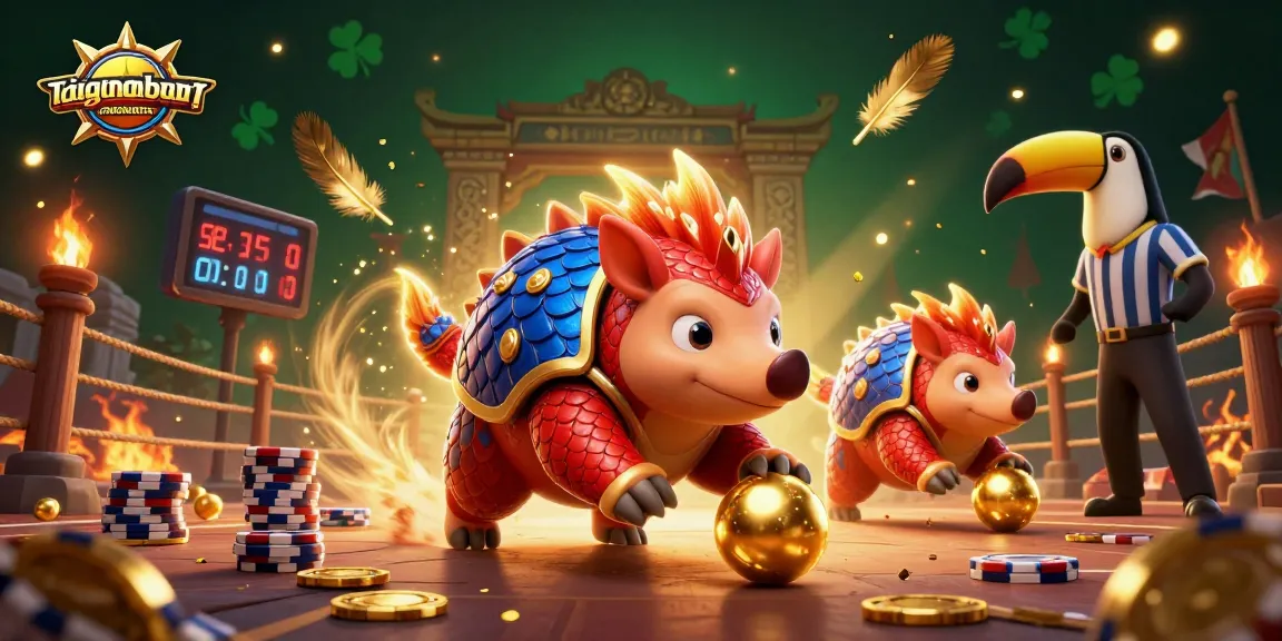 Engaging scene of taigamebancaanxu with rival pangolins competing over poker chips amidst stunning casino elements.