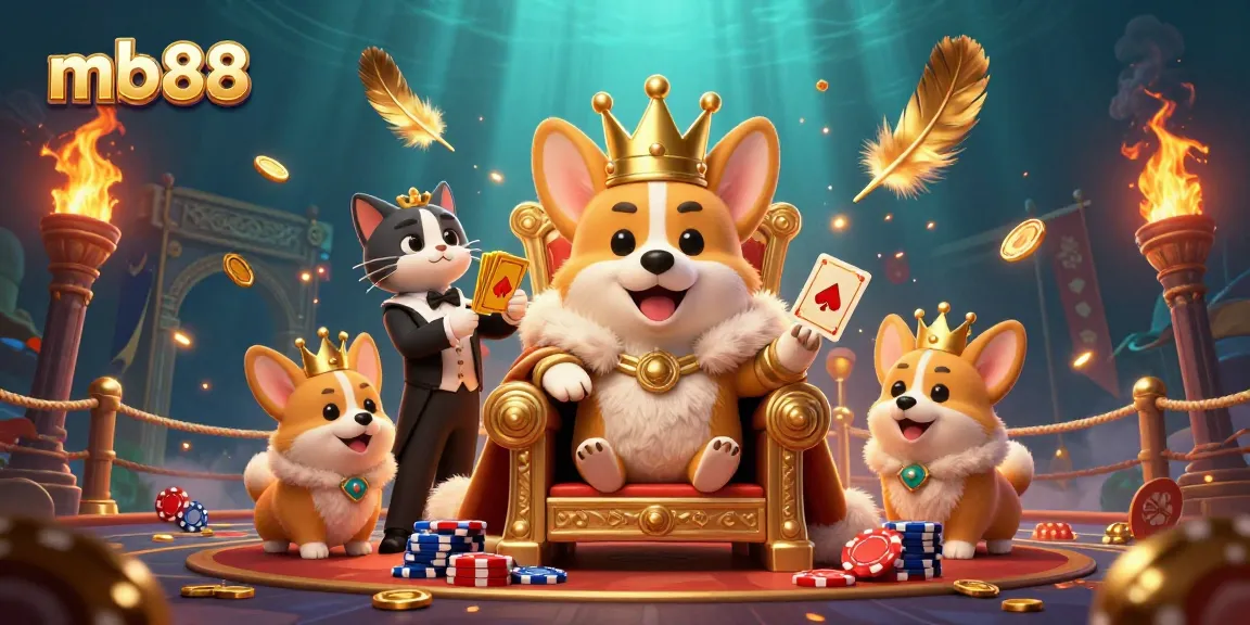 Spin and win at mb88 with vibrant casino-themed illustration featuring royal corgi and golden gaming elements.