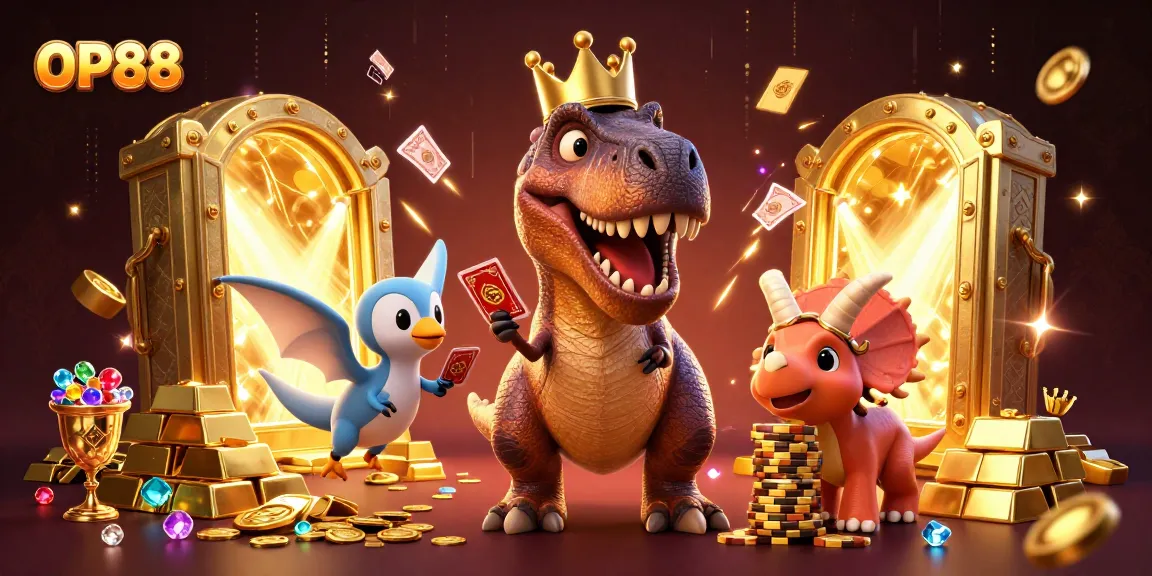 Experience the thrill of OP88 with a T-Rex playing cards and a triceratops stacking chips in vibrant 3D.