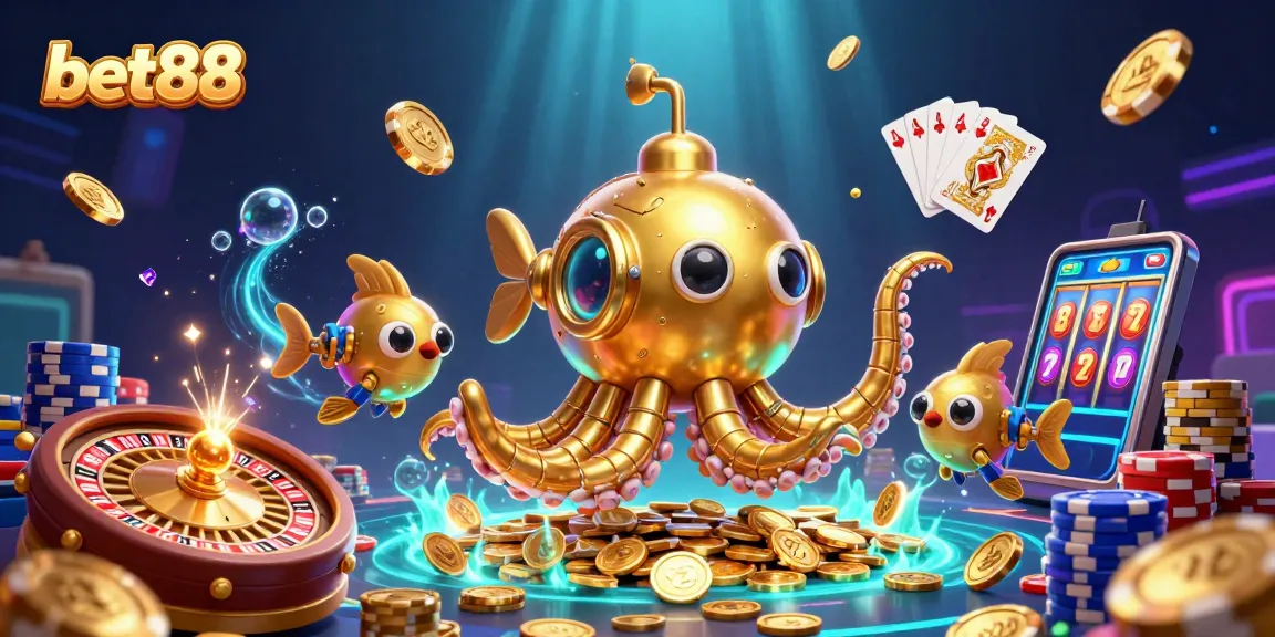 Engage in thrilling gameplay at bet88 with a golden kraken submarine and dazzling casino elements.