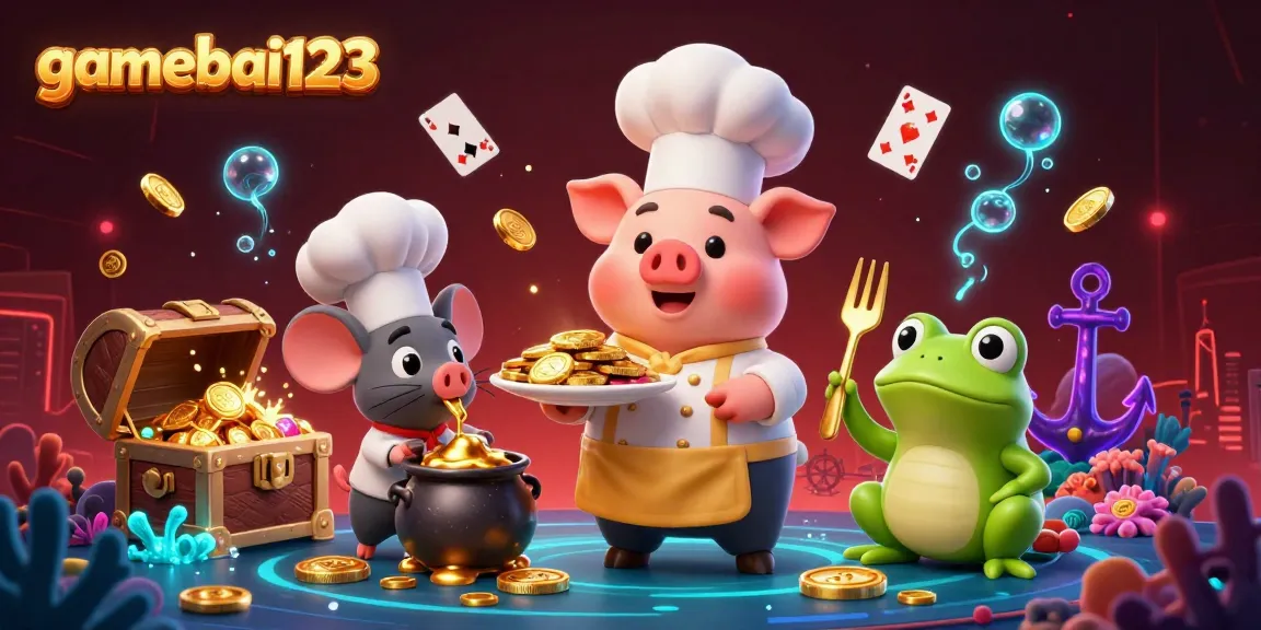 Experience the excitement of gamebai123 with a vibrant 3D illustration featuring a pig chef serving gold coins in a lively casino scene.
